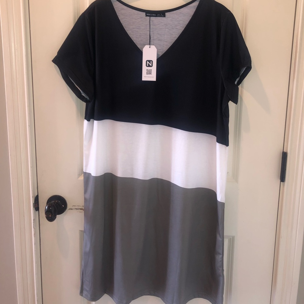 Black, Cream, & Green Short Sleeve Dress, Size Large